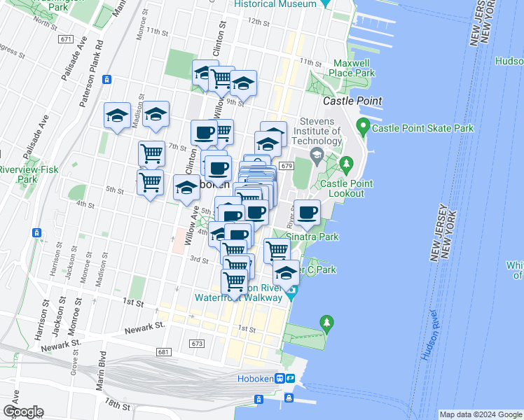 map of restaurants, bars, coffee shops, grocery stores, and more near 522 Washington Street in Hoboken