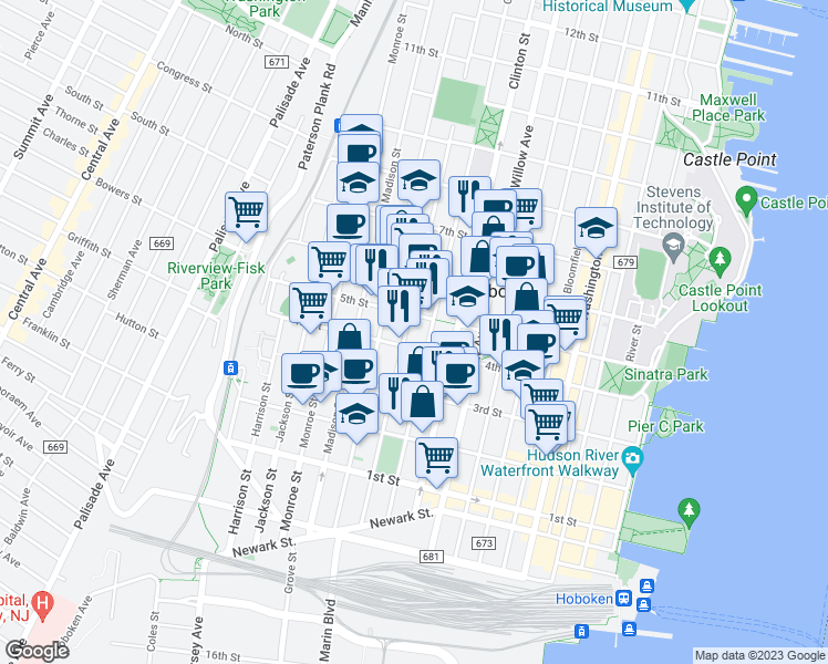 map of restaurants, bars, coffee shops, grocery stores, and more near 415 Adams Street in Hoboken