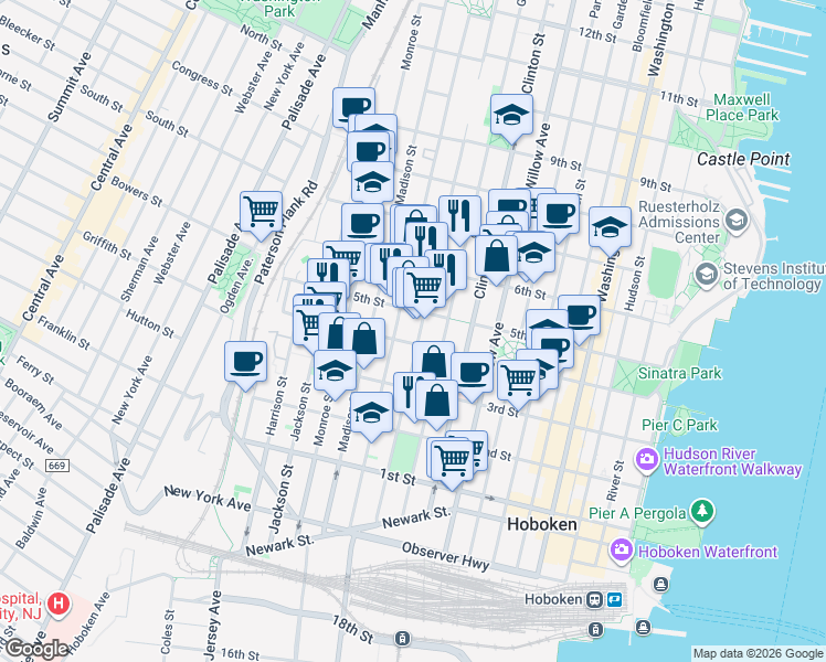 map of restaurants, bars, coffee shops, grocery stores, and more near 410 Jefferson Street in Hoboken