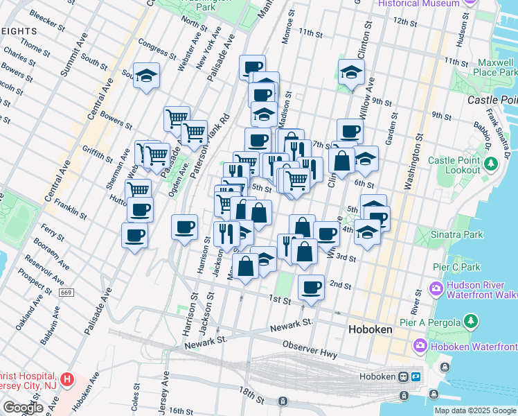 map of restaurants, bars, coffee shops, grocery stores, and more near in Hoboken