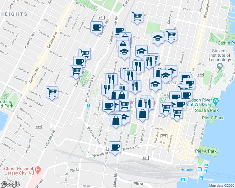 map of restaurants, bars, coffee shops, grocery stores, and more near in Hoboken