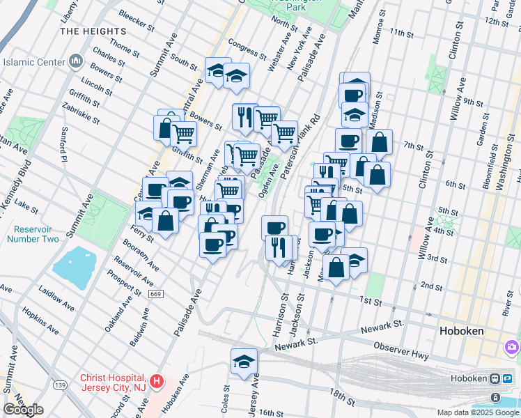 map of restaurants, bars, coffee shops, grocery stores, and more near in Jersey City