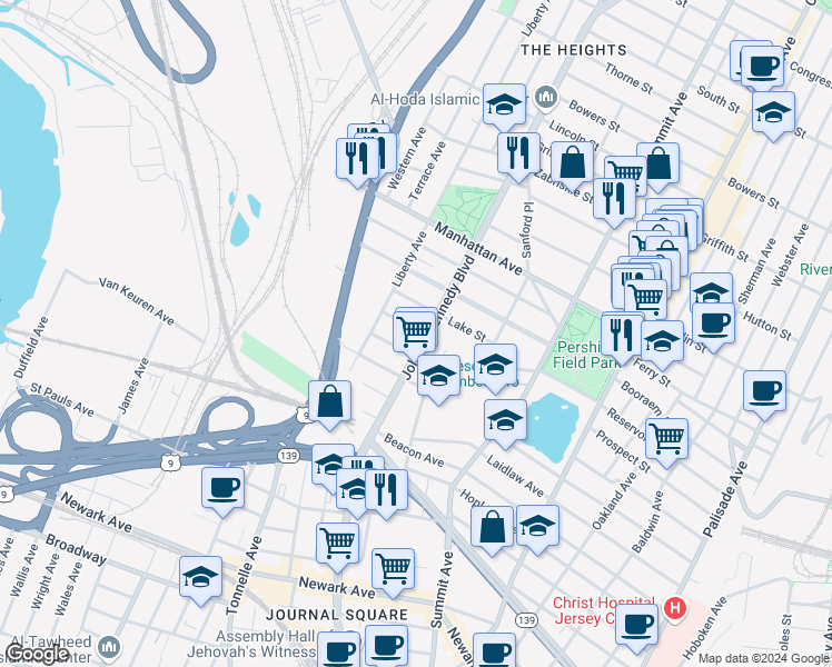 map of restaurants, bars, coffee shops, grocery stores, and more near in Jersey City