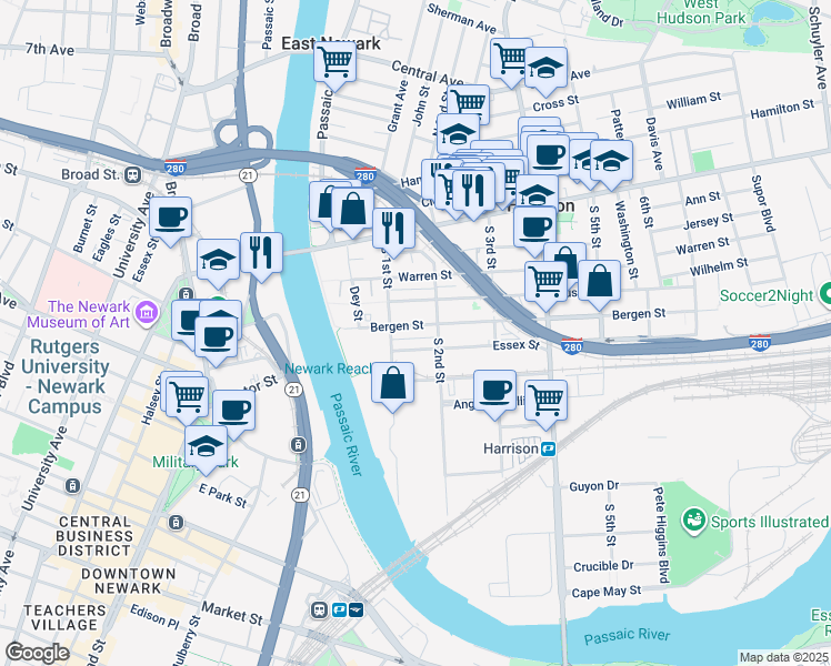 map of restaurants, bars, coffee shops, grocery stores, and more near 106 Bergen Street in Harrison