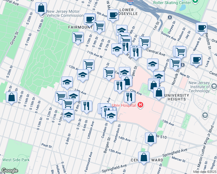 map of restaurants, bars, coffee shops, grocery stores, and more near 121 Littleton Avenue in Newark