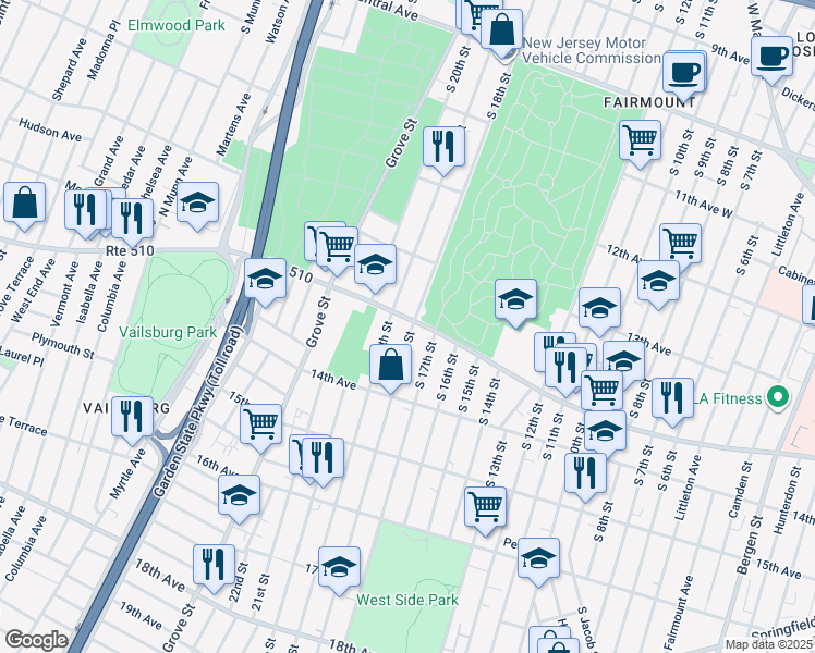 map of restaurants, bars, coffee shops, grocery stores, and more near in Newark
