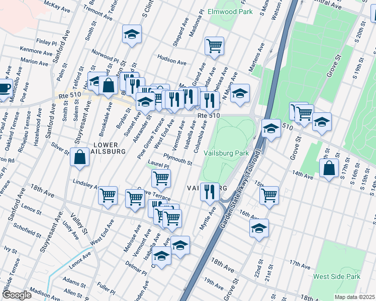 map of restaurants, bars, coffee shops, grocery stores, and more near 63 Columbia Avenue in Newark