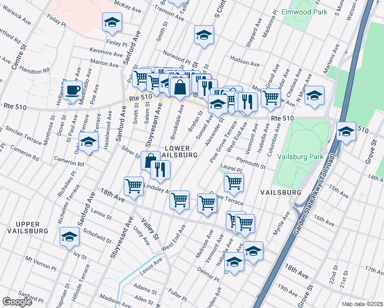 map of restaurants, bars, coffee shops, grocery stores, and more near 80 Sunset Avenue in Newark