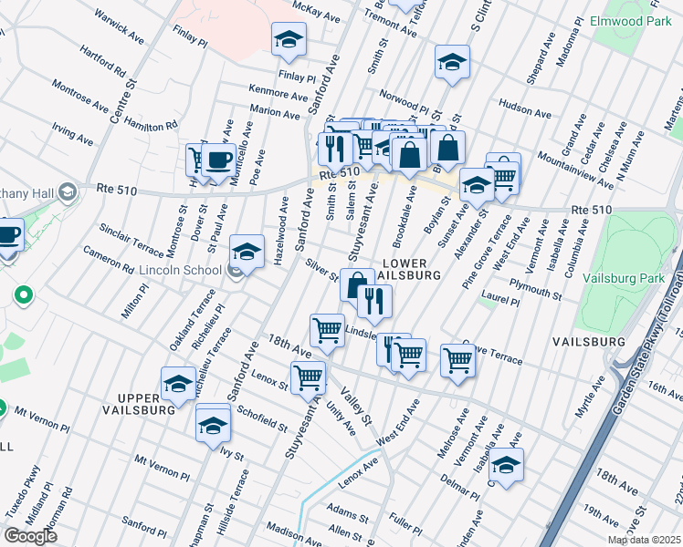 map of restaurants, bars, coffee shops, grocery stores, and more near 101 Stuyvesant Avenue in Newark