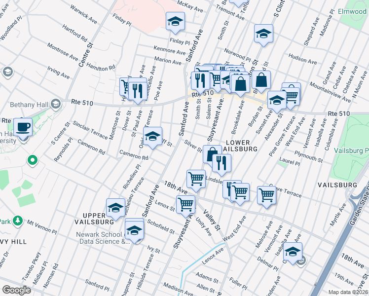 map of restaurants, bars, coffee shops, grocery stores, and more near in Newark