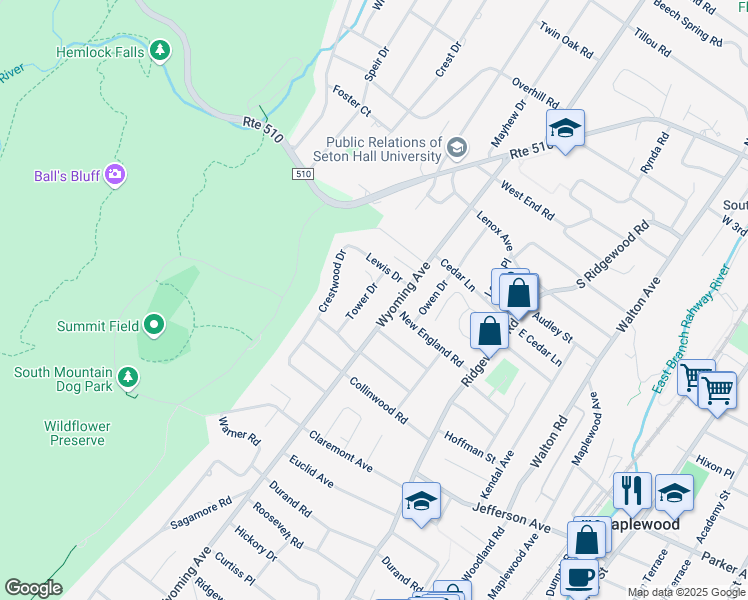 map of restaurants, bars, coffee shops, grocery stores, and more near 11 Tower Drive in Maplewood