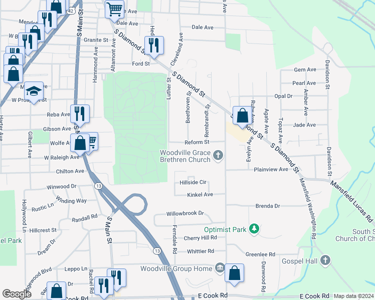 map of restaurants, bars, coffee shops, grocery stores, and more near 234 Reform Street in Mansfield