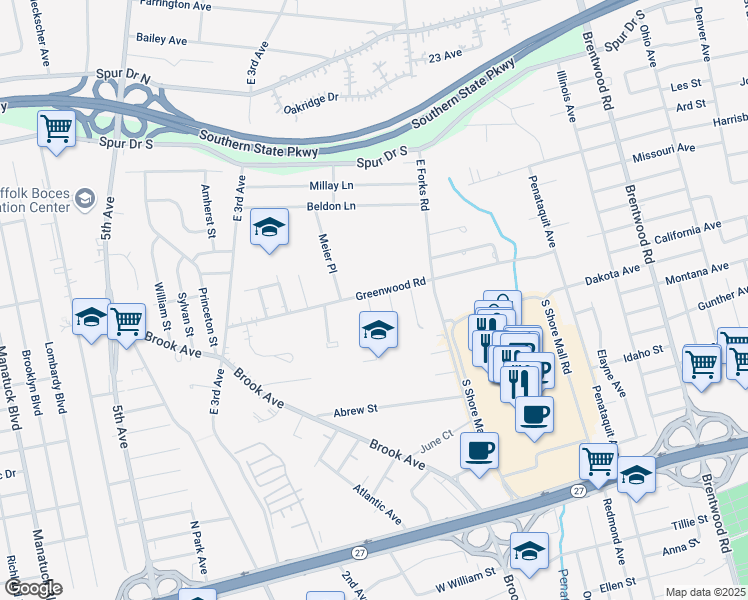map of restaurants, bars, coffee shops, grocery stores, and more near 64 Greenwood Rd in Bay Shore