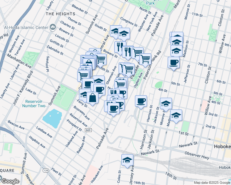 map of restaurants, bars, coffee shops, grocery stores, and more near 198 New York Avenue in Jersey City
