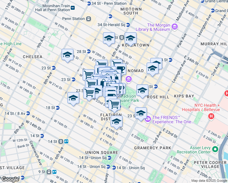 map of restaurants, bars, coffee shops, grocery stores, and more near 19 West 24th Street in New York