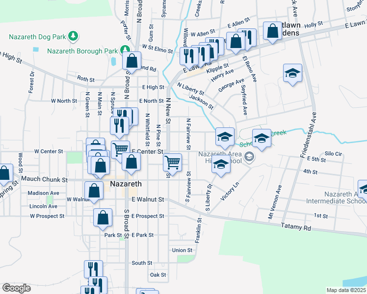 map of restaurants, bars, coffee shops, grocery stores, and more near 331 E Center St in Nazareth