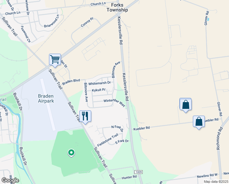 map of restaurants, bars, coffee shops, grocery stores, and more near 550 Biltmore Avenue in Easton