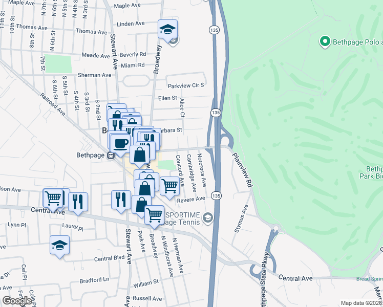 map of restaurants, bars, coffee shops, grocery stores, and more near 2 Cambridge Avenue in Bethpage