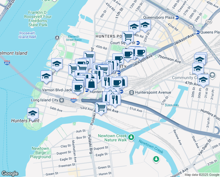 map of restaurants, bars, coffee shops, grocery stores, and more near 11-39 49th Avenue in Queens