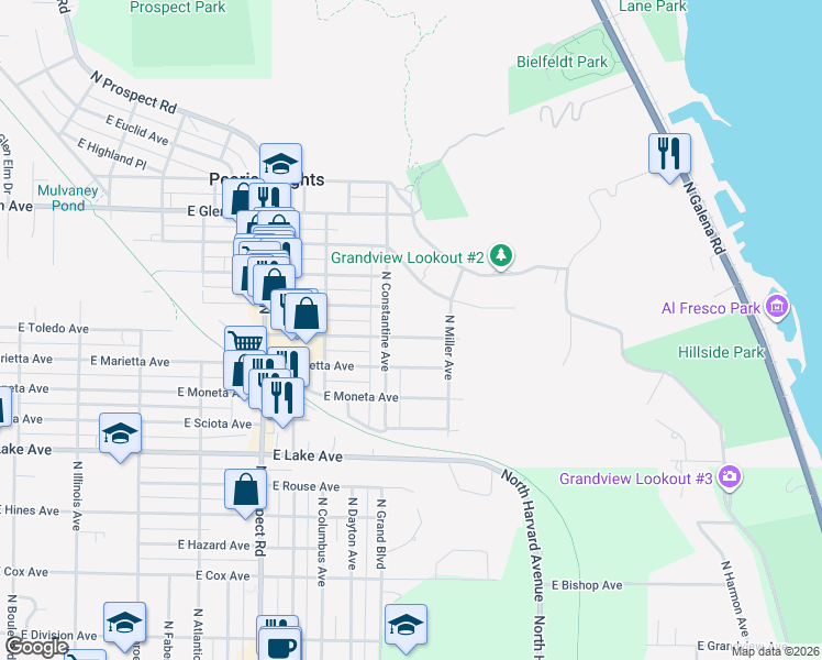 map of restaurants, bars, coffee shops, grocery stores, and more near 1517 East Kelly Avenue in Peoria Heights