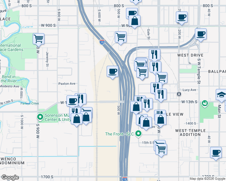 map of restaurants, bars, coffee shops, grocery stores, and more near 1268 S 500 W in Salt Lake City
