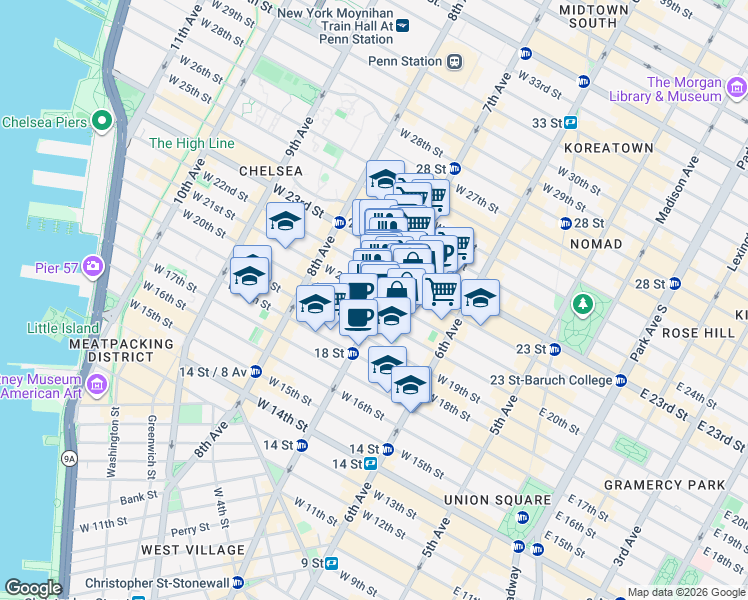 map of restaurants, bars, coffee shops, grocery stores, and more near 190 7th Avenue in New York