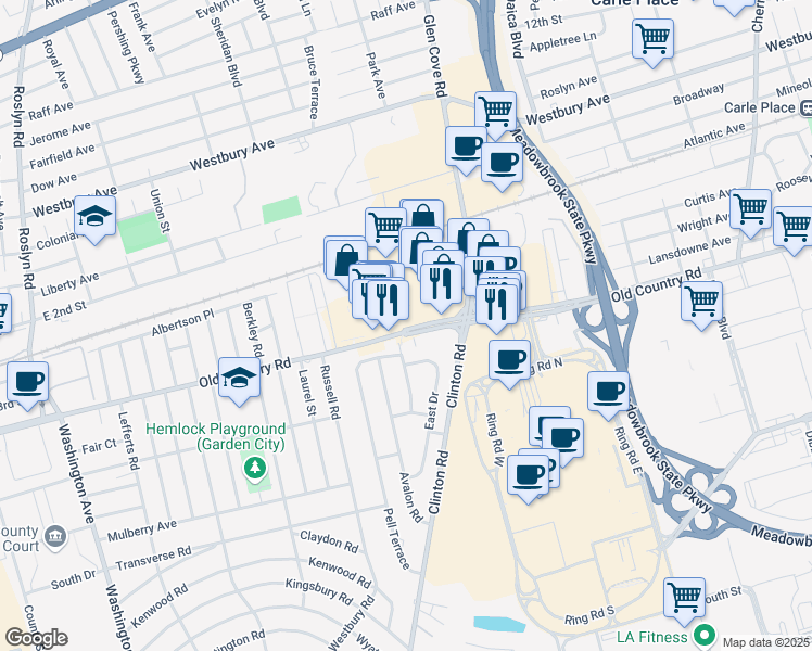 map of restaurants, bars, coffee shops, grocery stores, and more near 95 Old Country Road in Carle Place