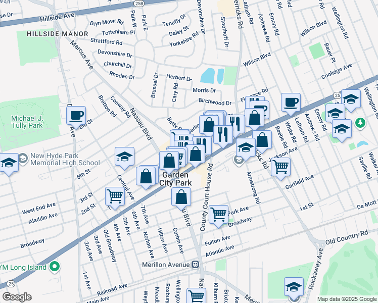 map of restaurants, bars, coffee shops, grocery stores, and more near 49 Marcus Avenue in New Hyde Park