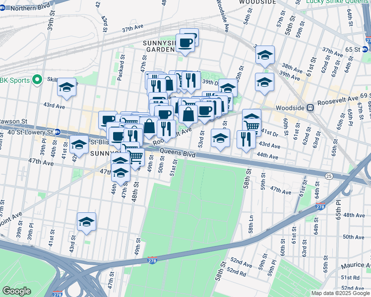 map of restaurants, bars, coffee shops, grocery stores, and more near in Queens