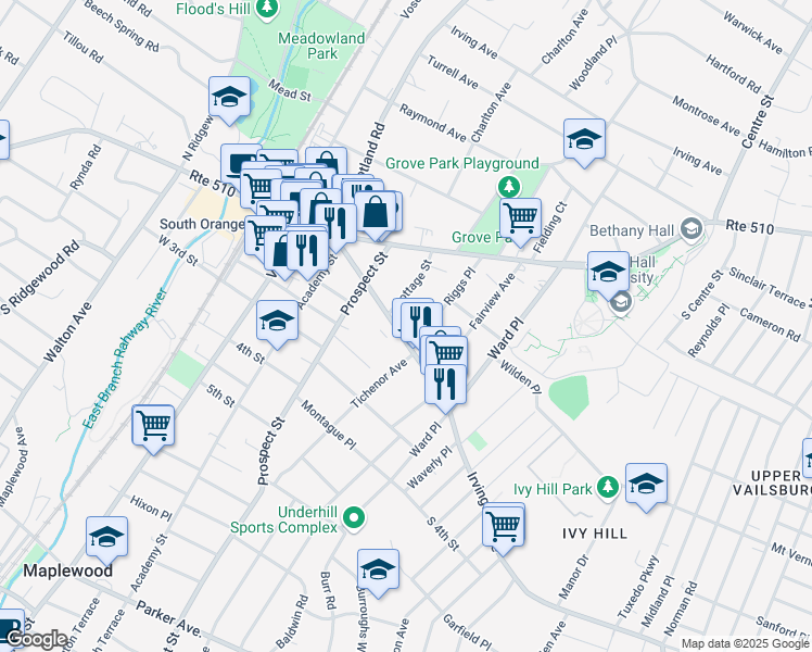 map of restaurants, bars, coffee shops, grocery stores, and more near 215 Irvington Avenue in South Orange