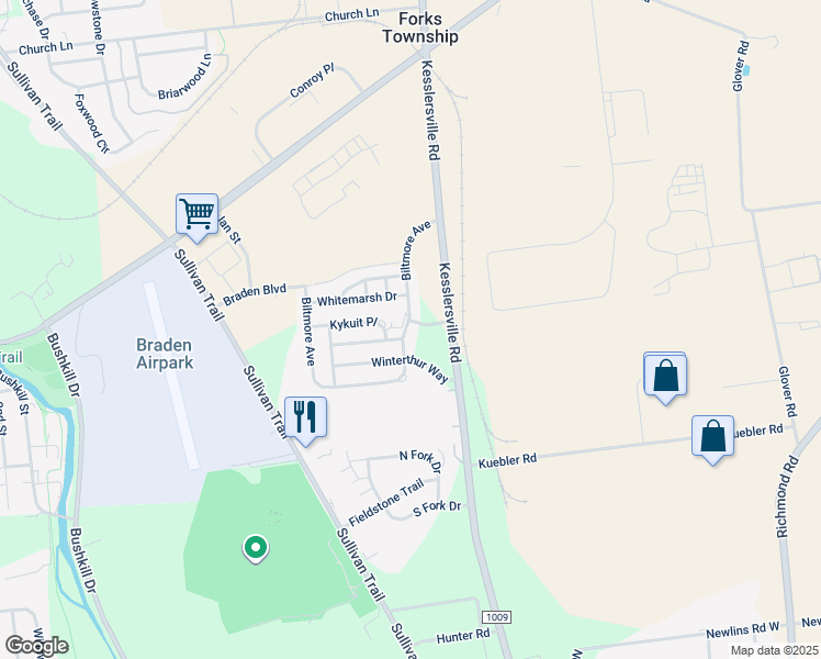 map of restaurants, bars, coffee shops, grocery stores, and more near 550 Biltmore Avenue in Easton