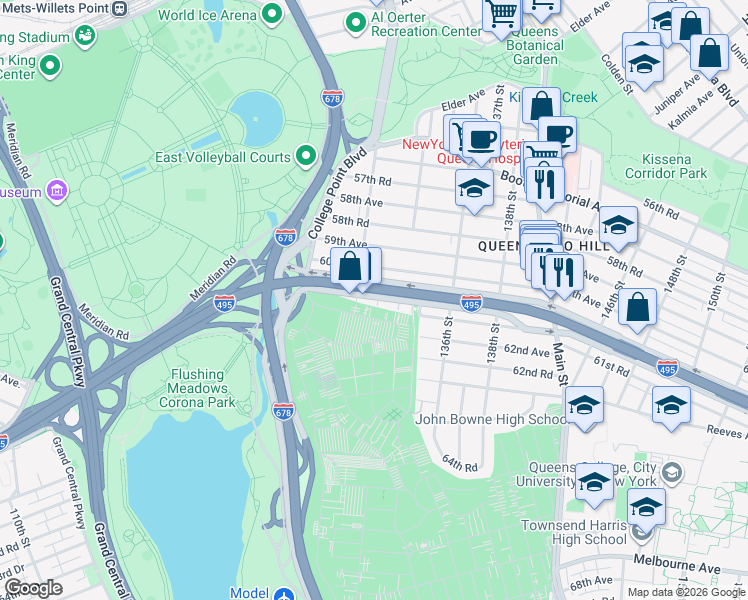 map of restaurants, bars, coffee shops, grocery stores, and more near 132-20 Horace Harding Expressway in Queens