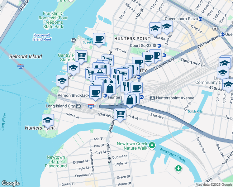 map of restaurants, bars, coffee shops, grocery stores, and more near 43 11th Street in Queens
