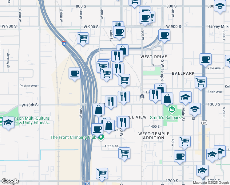 map of restaurants, bars, coffee shops, grocery stores, and more near 1174 South 300 West in Salt Lake City