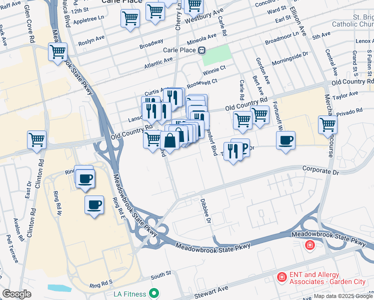 map of restaurants, bars, coffee shops, grocery stores, and more near 1060B Old Country Road in Garden City