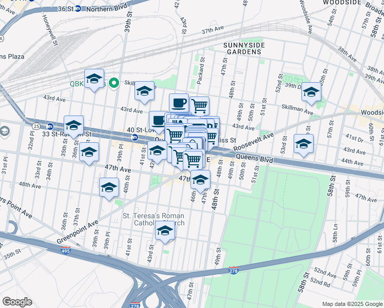 map of restaurants, bars, coffee shops, grocery stores, and more near in Queens