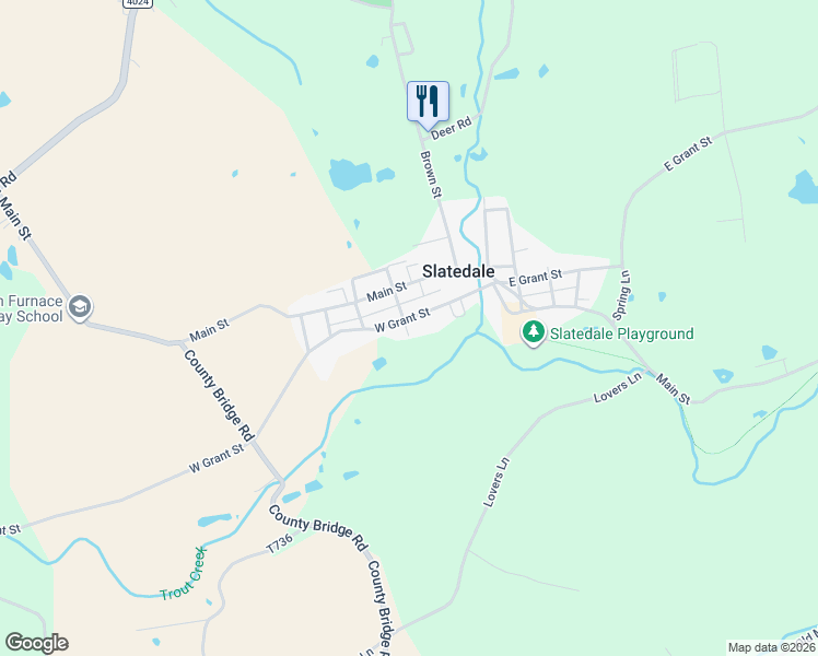 map of restaurants, bars, coffee shops, grocery stores, and more near 4036 West Grant Street in Slatington