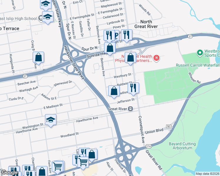 map of restaurants, bars, coffee shops, grocery stores, and more near 16 Baldwin Street in East Islip