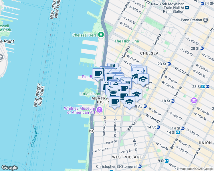 map of restaurants, bars, coffee shops, grocery stores, and more near 10th Avenue in New York