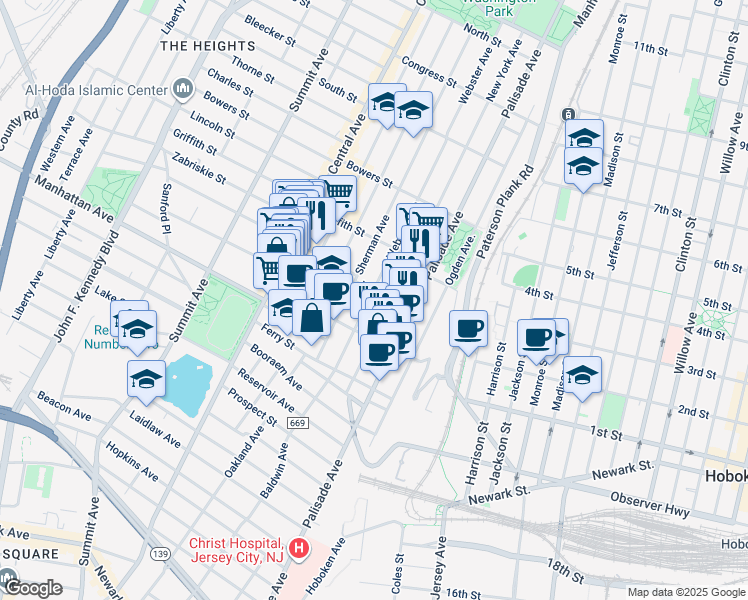 map of restaurants, bars, coffee shops, grocery stores, and more near 126 Webster Avenue in Jersey City