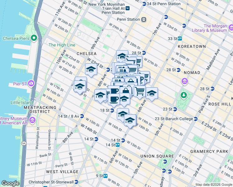 map of restaurants, bars, coffee shops, grocery stores, and more near 177 7th Avenue in New York