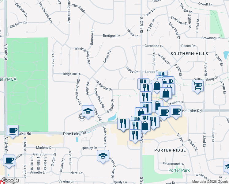 map of restaurants, bars, coffee shops, grocery stores, and more near 2441 Ridgeline Drive in Lincoln