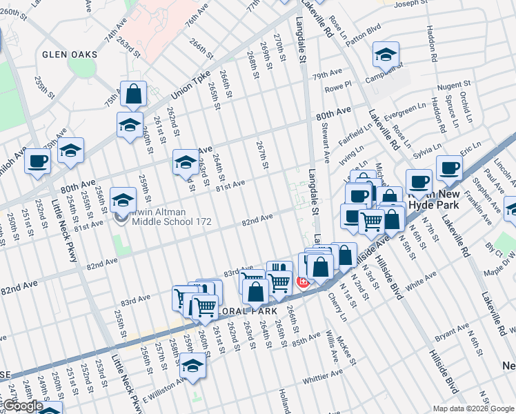 map of restaurants, bars, coffee shops, grocery stores, and more near 81-46 266th Street in Queens