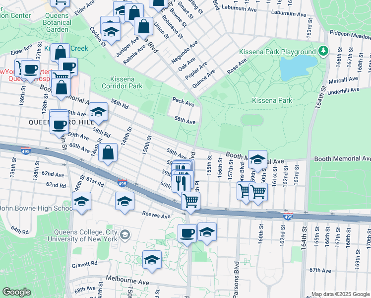 map of restaurants, bars, coffee shops, grocery stores, and more near 153-20 Booth Memorial Avenue in Queens