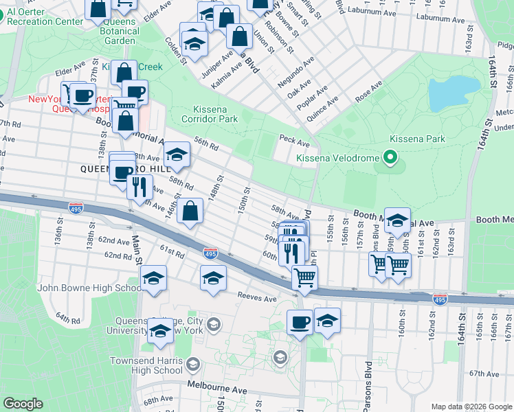 map of restaurants, bars, coffee shops, grocery stores, and more near 58-05 150th Street in Queens