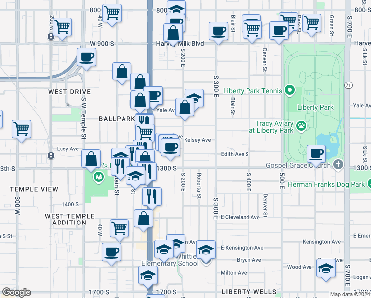 map of restaurants, bars, coffee shops, grocery stores, and more near 1197 South 200 East in Salt Lake City