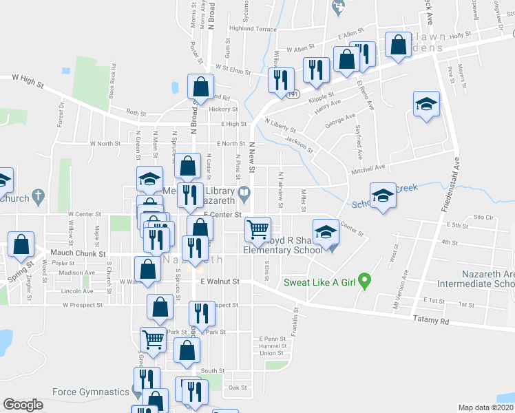 map of restaurants, bars, coffee shops, grocery stores, and more near 305 East Center Street in Nazareth
