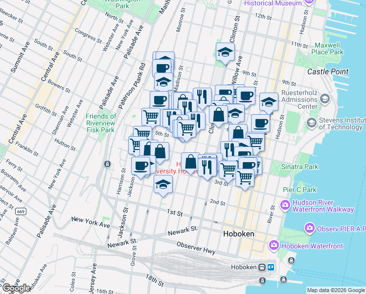 map of restaurants, bars, coffee shops, grocery stores, and more near 415 Adams Street in Hoboken
