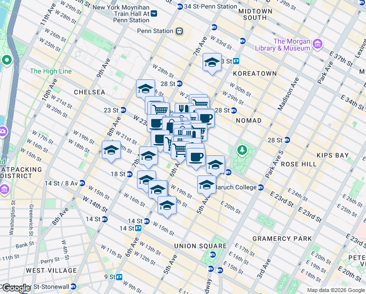map of restaurants, bars, coffee shops, grocery stores, and more near 100 West 23rd Street in New York