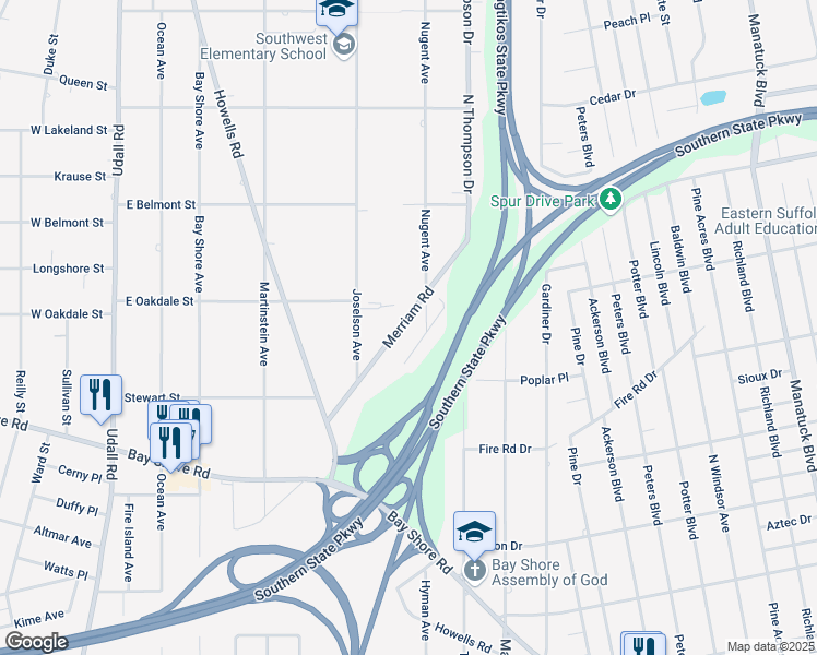 map of restaurants, bars, coffee shops, grocery stores, and more near 1036 Merriam Road in Bay Shore